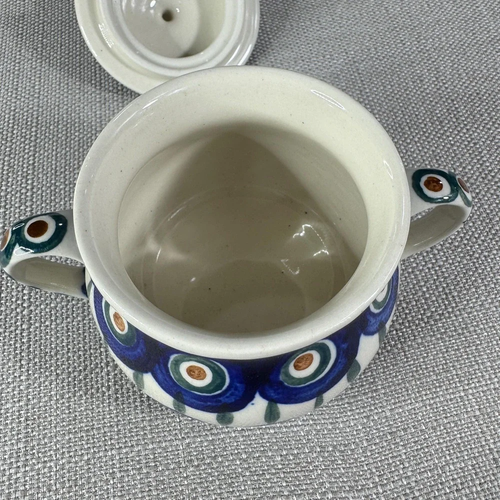 Polish Pottery Peacock Double Handle Sugar Bowl with Lid